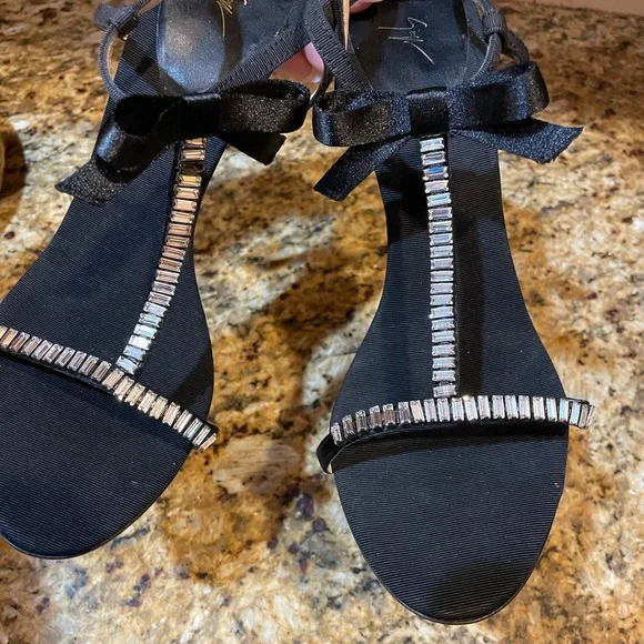 Giuseppe Zanotti Black Grosgrain Crystal Sandals Size 38